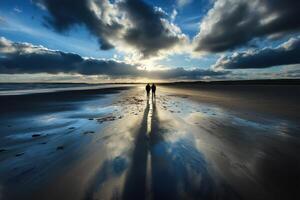 Two people walking on wet beach at sunset under cloudy sky photo