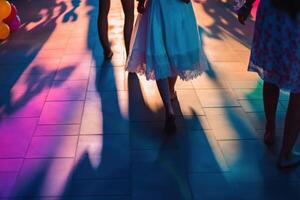 Guests walking on dance floor with colorful party lights and shadows photo
