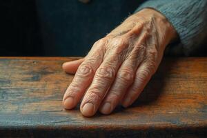 Senior hand resting on wooden table - concept of aging and time passing photo