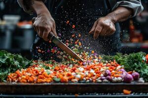 Chef in Full Swing Chopping Colorful Vegetables with Speed photo