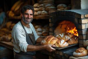 Artisan Baker at Work Removing Bread from Wood Oven photo