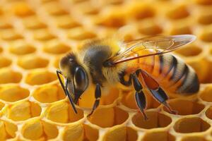 Honey bee exploring honeycomb cells in a beehive photo