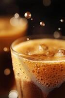 Refreshing sparkling soda with ice cubes and droplets splashing photo