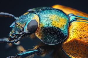 Iridescent frog-legged leaf beetle showing vibrant colors in extreme close-up photo