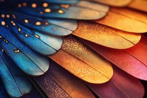 Colorful bird feathers creating a gradient effect with golden glitter photo