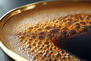 Close-up of golden coffee foam bubbles creating intricate patterns in a luxurious cup photo