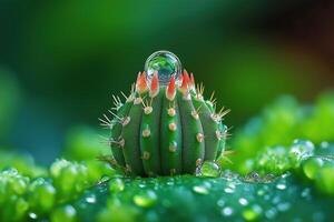 Small cactus with water droplets showing greenery and freshness photo