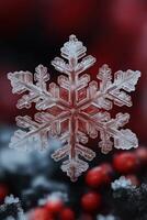 Close-up of snowflake crystal showing intricate structure and symmetry on red background photo