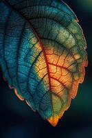 Vibrant backlit leaf showing intricate veins and structure photo