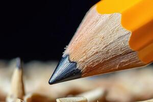 Sharpened pencil point hovering over pencil shavings - macro photography photo