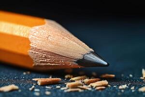 Sharpened pencil resting on dark surface with shavings photo