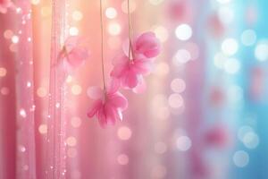 Pink flowers hanging with sparkling curtains and bokeh lights creating dreamlike atmosphere photo