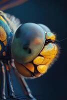 Dragonfly head showing compound eyes and ocelli in extreme close-up photo