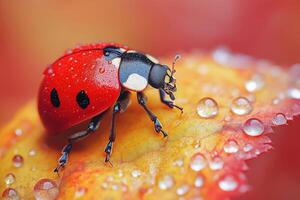 Ladybug walking on wet leaf in autumn - close-up of insect exploring nature photo