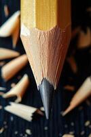 Sharpened pencil point with shavings on dark background photo