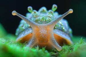 Curious snail exploring mossy habitat in macro photography photo