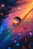 Water droplet magnifying colorful feather with bokeh effect photo