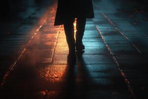 Person walking on wet pavement at night with dramatic lighting photo