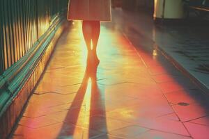 Woman walking on a corridor with sunset light casting long shadow photo