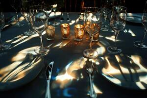 Elegant table setting with golden candlelight creating shadows at night photo