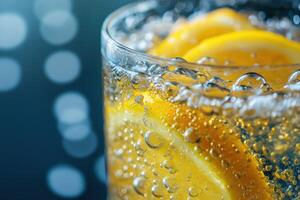 Refreshing sparkling water with lemon slices creating bubbles photo