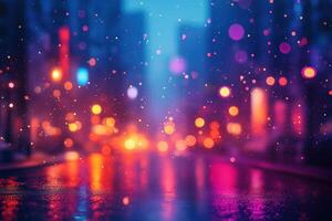 Blurred city lights reflecting on wet asphalt at night photo