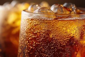 Refreshing carbonated soda with ice cubes in a glass close up photo
