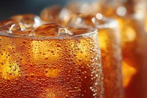 Refreshing iced tea with ice cubes and condensation forming on glass photo