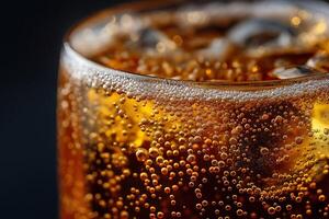 Glass of sparkling cold soda with ice and bubbles on dark background photo