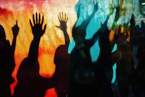 Crowd raising hands cheering with colorful background photo