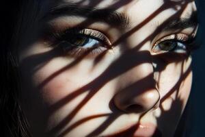 Close-up of woman with light and shadow creating lines across face photo