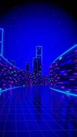 Moving Forward Inside Synthwave 80s Style Game Tunnel with Turns and Buildings video