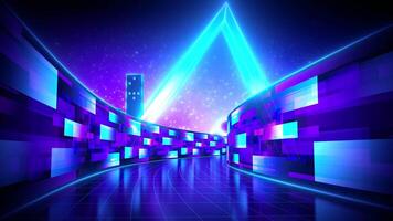 Moving Forward Inside Blue Retro 80s Style Game Tunnel with Turns and Rotating Shapes video
