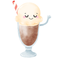 fofa kawaii a gelo creme flutuador beber com fofa face verão sobremesa ilustração com Palha aguarela estilo para crianças adesivos sublimação cumprimento cartões e digital planejadores png