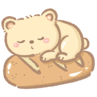 fofa kawaii Urso dormindo em uma baguete clipart padaria animal ilustração para crianças adesivos cumprimento cartões sublimação digital planejadores cafeteria temas scrapbooking e construir projetos png