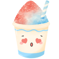 Cute Kawaii Shaved Ice Clipart with Heart Eyes Red and Blue Summer Dessert Illustration with Straw Watercolor Style for Kids Stickers Sublimation Greeting Cards and Digital Planners png