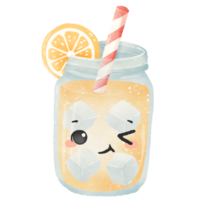 fofa kawaii limonada com gelo cubos dentro uma pedreiro jarra com fofa face verão sobremesa ilustração com Palha aguarela estilo para crianças adesivos sublimação cumprimento cartões e digital planejadores png
