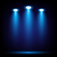 Isolated top down three blue spotlight with shadow on black background, perfect for stage or clipart use vector