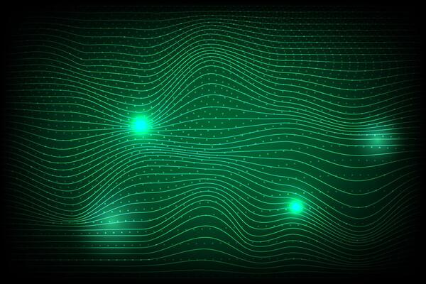 Abstract technology background with flowing particles, green line and dot design, big data and digital concept