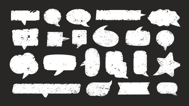 Speech and chat balloons with crayon textures, scribbles, and chalkboard feel. Text boxes, frames, and message icons. Chalky doodles and speech bubbles in flat illustration. vector