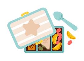 Flat illustration of a cute lunchbox for kids. Packed with healthy snacks, fruit, and bento-style food in a sustainable and reusable container. vector