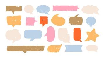 Speech and thought bubbles with crayon textures and scribbles. Chalk textured doodle frames and speech balloons for chat and message templates. Flat illustration of text boxes. vector