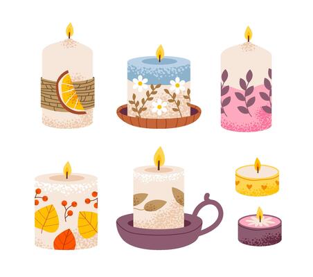 Cozy candles with flowers and candlesticks isolated on white background. Scented candles with herbs and floral decoration. Flat illustration.