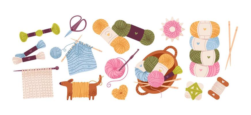 Cozy knitting essentials, yarn, needles, and handmade textures. Knitting and embroidery elements. Flat illustration.