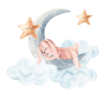 Watercolor cute rabbit sleeps on moon with clouds and stars. Hand drawn illustration in vintage style. png
