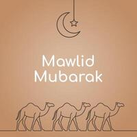 Mawlid Mubarak Greeting Card Design Three Camels Brown Background Crescent Moon Star Line Art vector