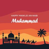 Happy Mawlid An Nabi Muhammad Mosque Silhouette Camels Sunset Desert Palm Tree Red Orange Background vector