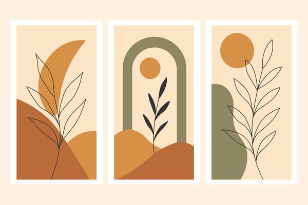 Boho abstract botanical wall art. Minimalist plant illustration set. Modern nature posters