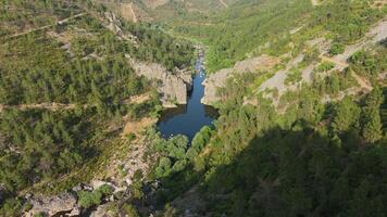 Ocreza River and Green Hills on Sunny Day. Portas do Almourao. Portugal. Aerial View. Moving Forward and Downwards video