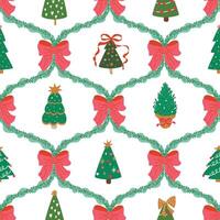 Christmas coquette seamless pattern, trellis ornament, pink bow knots, ribbon, preppy Christmas tree. Damask wallpaper, retro winter holiday textile design, print, background. New year wrapping vector